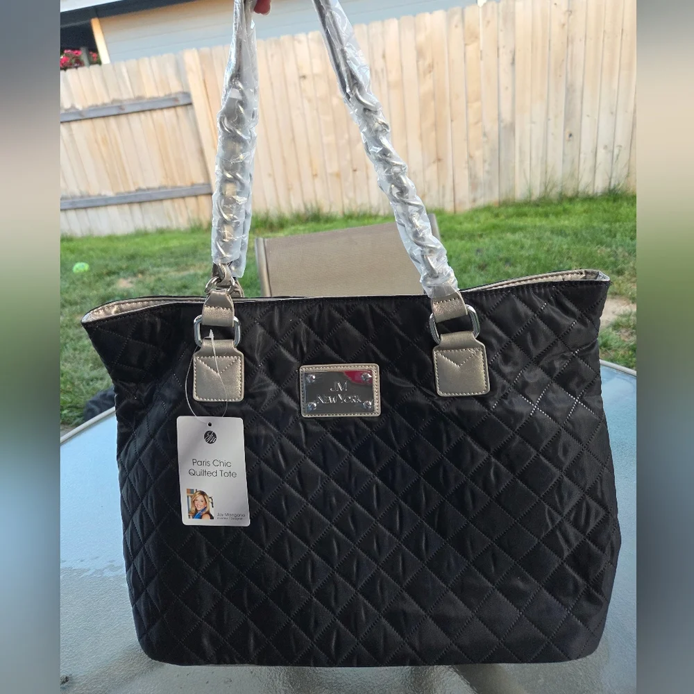 Joy Mangano Paris Chic Quilted Tote Bag Black/Silver NEW